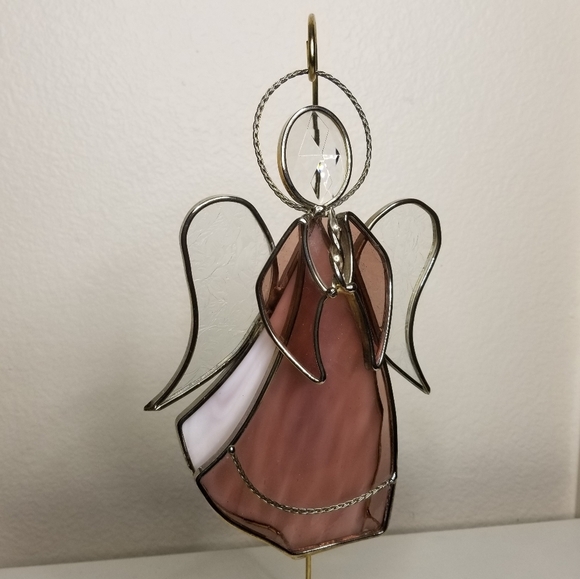Stained Glass Angel Suncatcher Signed Pink White Christmas‎ Angel 9"Hx6"W - Picture 5 of 11